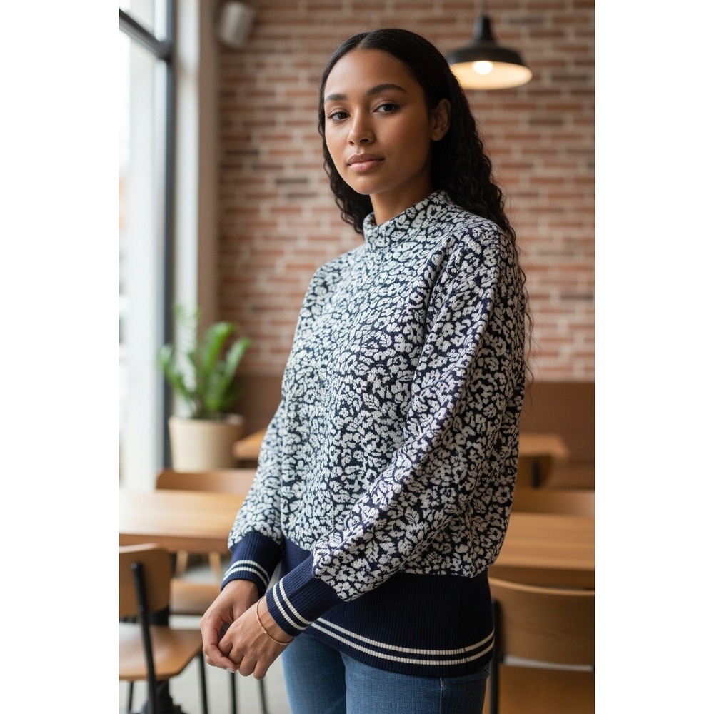 BGB LTD Vintage Navy Floral Print Bomber Jacket Womens L 10 Ribbed‎ Cuffs